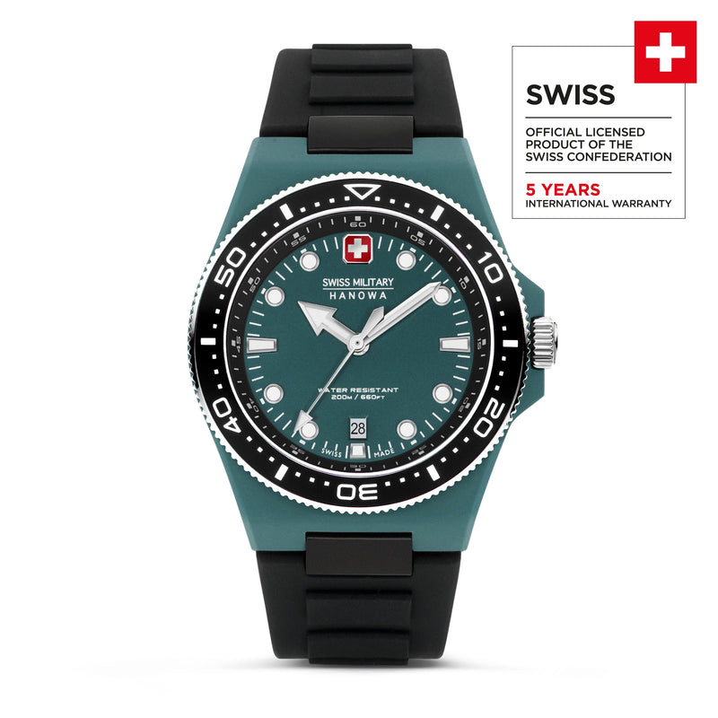 Swiss Military Hanowa Unisex Analog Armbanduhr Grün/Schwarz 42mm Edelstahl/Silikon Swiss Made Herrenuhren Uhren Damenuhren