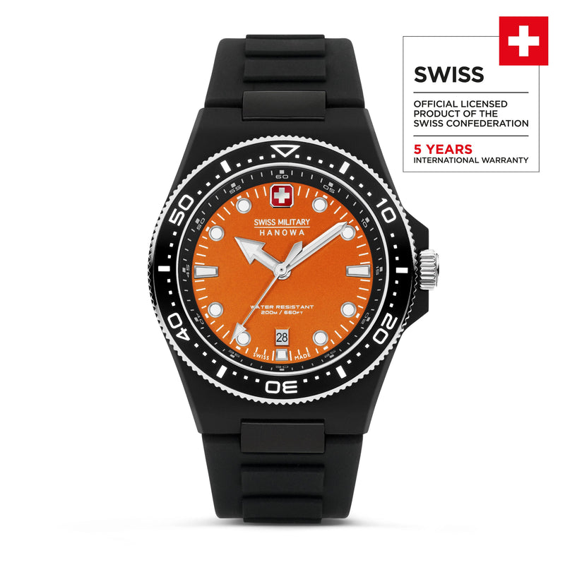 Swiss Military Hanowa Men's Wristwatch Ocean Pioneer Orange/Black 42mm Stainless Steel/Silicone Herrenuhr Armbanduhr Chronograph