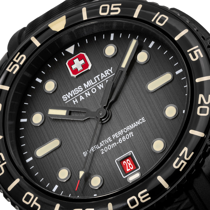 Swiss Military Hanowa Herren Armbanduhr Black Marlin 42mm Edelstahl/Gummi Schwarz Herrenuhr Chronograph Taucheruhr