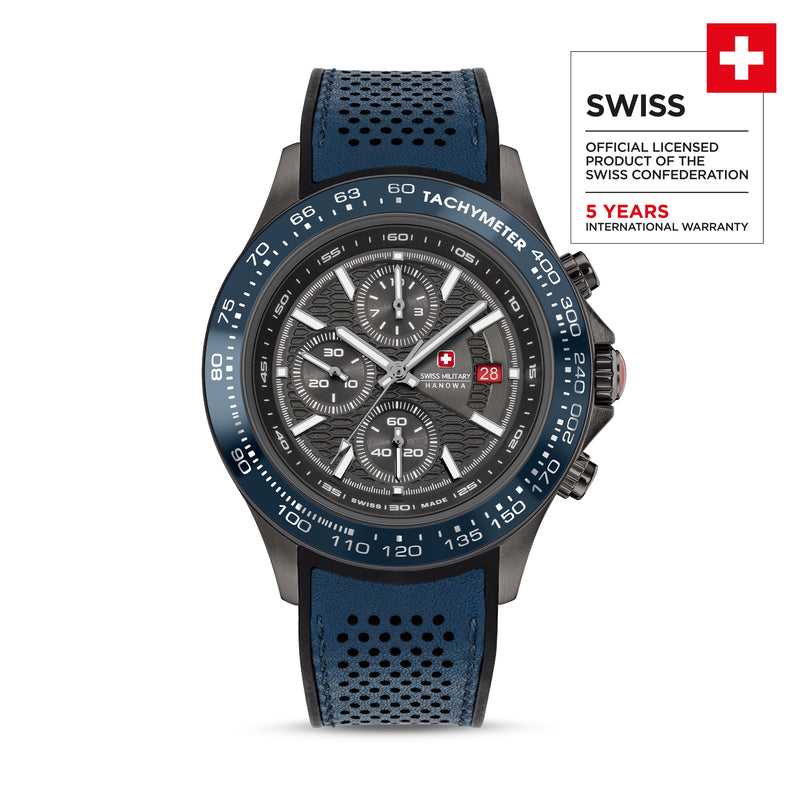 Swiss Military Hanowa Herren Armbanduhr Chronograph 42mm Leder/Stahl Blau/Schwarz Armbanduhr Herrenuhr Chronographen Herrenuhr