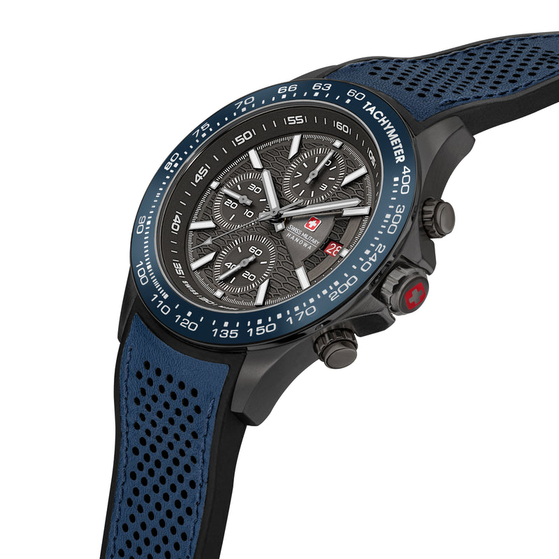 WATCHMAN Chronograph 42mm Leder/Stahl Blau/Schwarz - Swiss Made