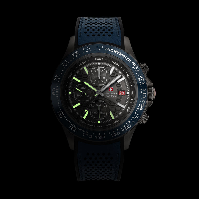 WATCHMAN Chronograph 42mm Leder/Stahl Blau/Schwarz - Swiss Made