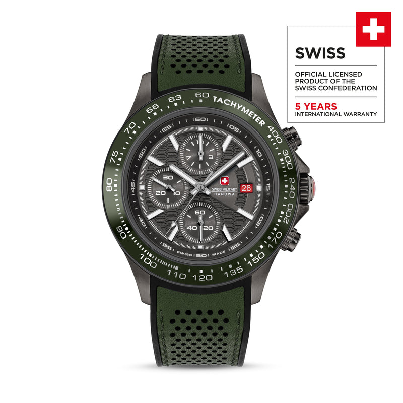 Swiss Military Hanowa Men's Wristwatch Chronograph Leather Green Black - Wristwatch Men's Chronograph Leather Watch