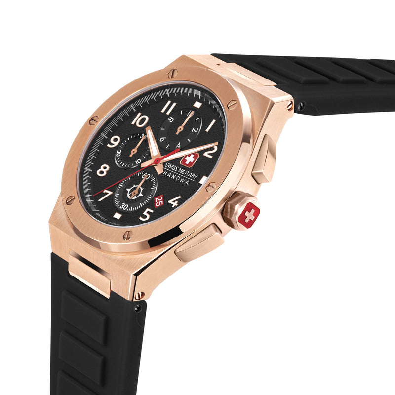 Swiss Military Hanowa Herren Armbanduhr Chronograph Rose Gold/Schwarz 42mm Edelstahl/Silikon Herrenuhr Chronographen Armbanduhr