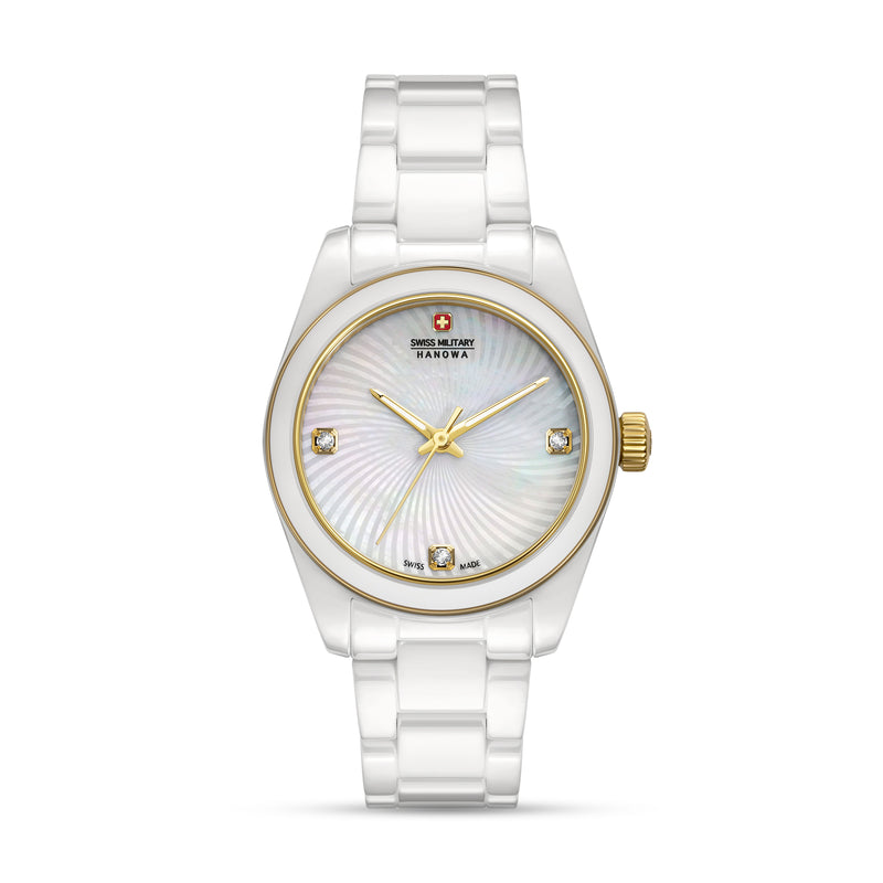 Swiss Military Hanowa Damen Armbanduhr Analog Ceramic White/Gold 38mm - Schweizer Uhr Handgelenk Uhrzeit