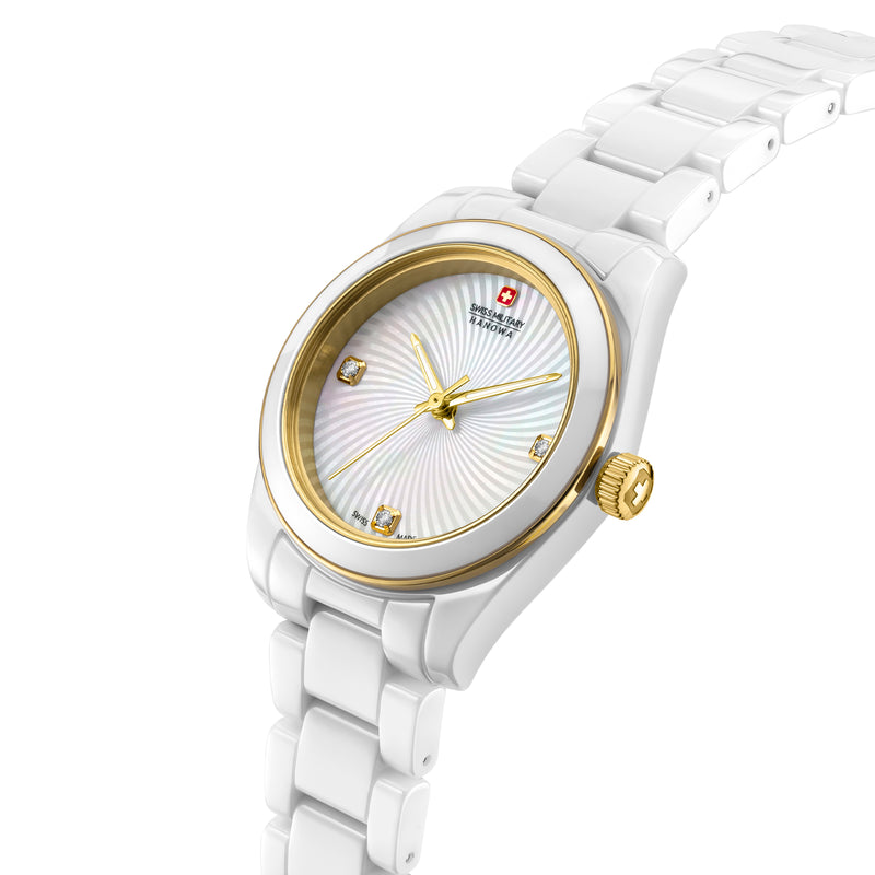 Swiss Military Hanowa Damen Armbanduhr Analog Ceramic White/Gold 38mm - Schweizer Uhr Handgelenk Uhrzeit