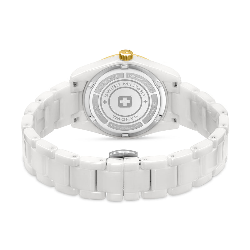 Swiss Military Hanowa Damen Armbanduhr Analog Ceramic White/Gold 38mm - Schweizer Uhr Handgelenk Uhrzeit