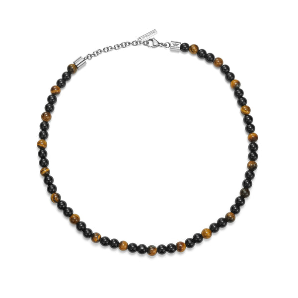 PE SPHERES SS HARDWARE TIGERSEYE & BLK BEADS NKL