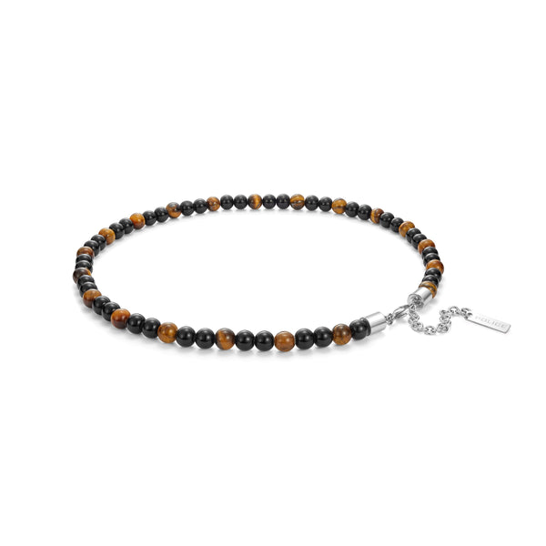 PE SPHERES SS HARDWARE TIGERSEYE & BLK BEADS NKL