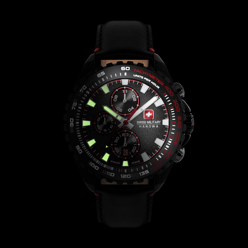 STONE MARTEN Leder Schwarz Rot 42mm - Swiss Made