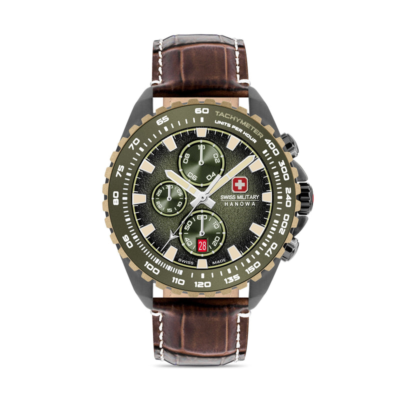 Swiss Military Hanowa Men's Wrist Watch Chronograph Green Brown Leather 44mm Herrenuhr Armbanduhr Chronograph Leder