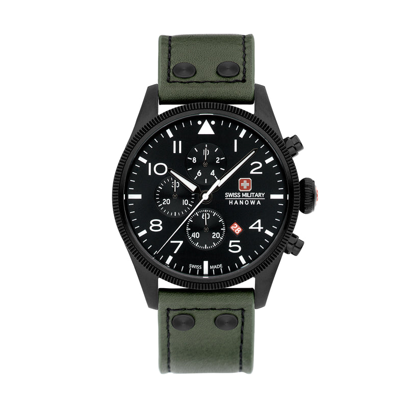 Swiss Military Hanowa Men's Chronograph Watch Leather Strap Green Black 44mm Men's Watch Chronograph Wristwatch