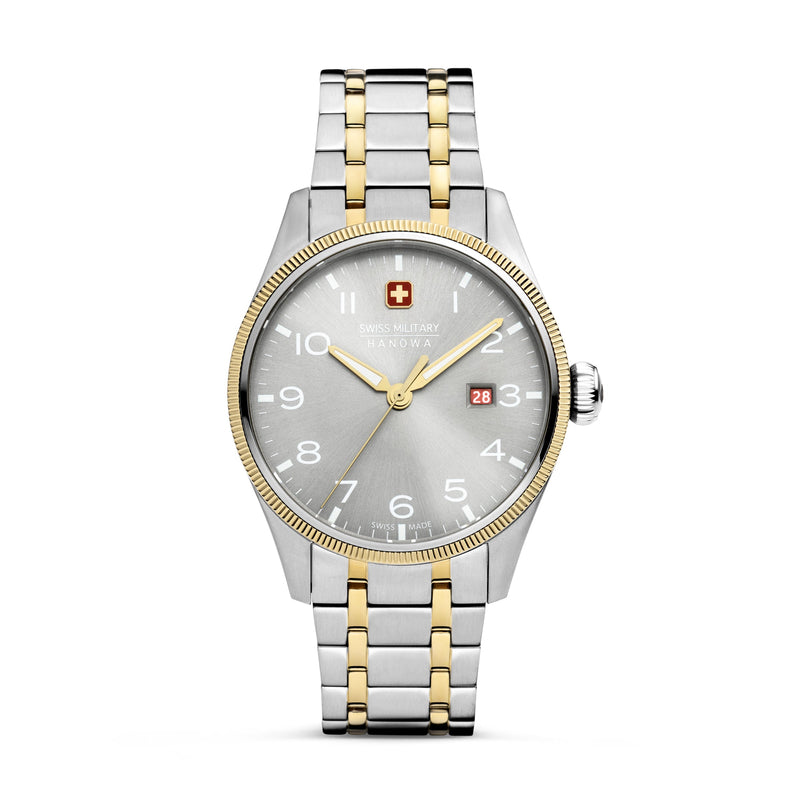 Swiss Military Hanowa Herren Armbanduhr Analog Silber/Gold 40mm Edelstahl/Gold Uhrzeit Armbänder Herrenuhr Chronographen