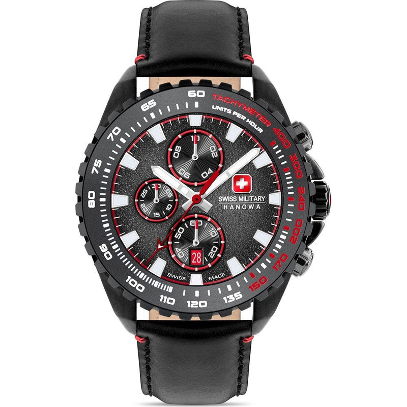 Swiss Military Hanowa Herren Armbanduhr Chronograph Leder Schwarz Rot 42mm Analog Quarz Herrenuhr Sportuhr