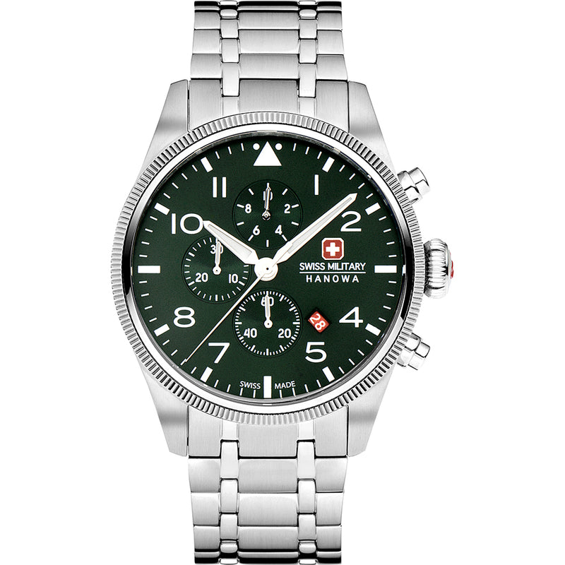 Swiss Military Hanowa Herren Armbanduhr Chronograph Uhr Grüne Zifferblatt Edelstahl Armband Herrenuhr Chronographen Herrenuhren